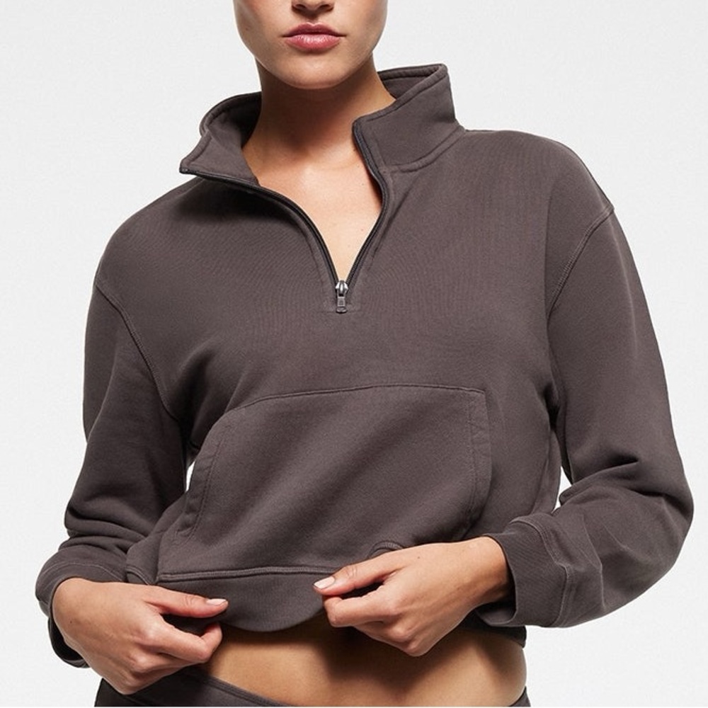 NWT SKIMS Shrunken Half Zip, French Terry, Iron Brown, Medium